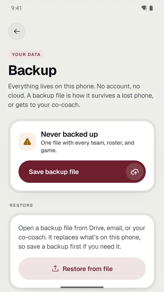 Backup and restore: when you last backed up, and Save backup file.
