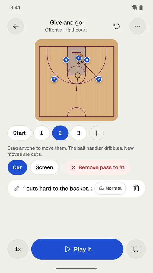 A step with a cut and a dashed pass line to the cutter.