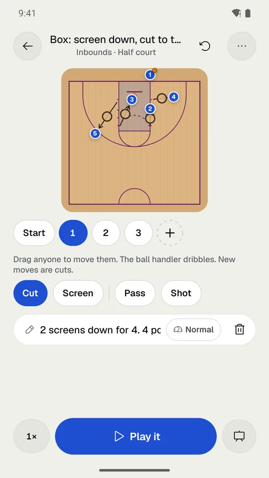 A play’s first step: a screen with a flat bar and three cuts.