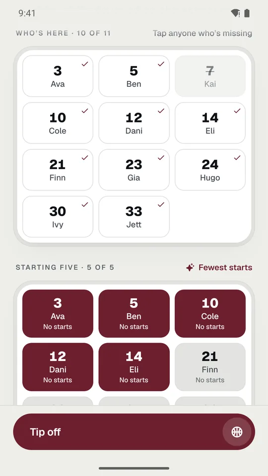 The new game screen: who’s here, with one player missing, and the starting five.