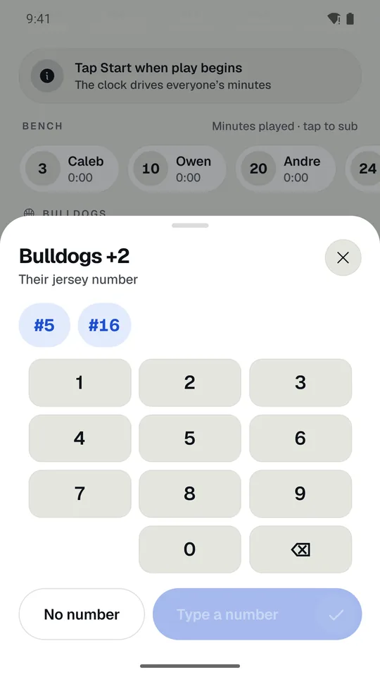 The jersey pad: recent numbers, a keypad, and No number.