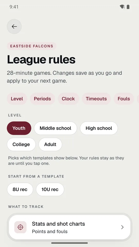League rules: the chips at the top, the level, and the rule templates.