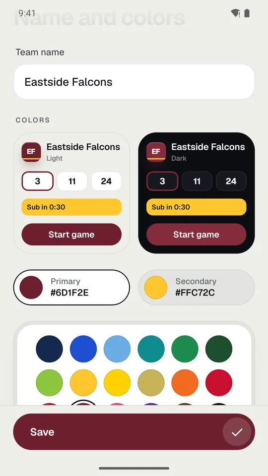 Name and colors: the two colors, the swatches, and light and dark previews.