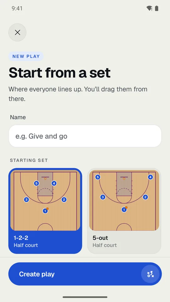 The New play screen with the 1-2-2 starting set picked.
