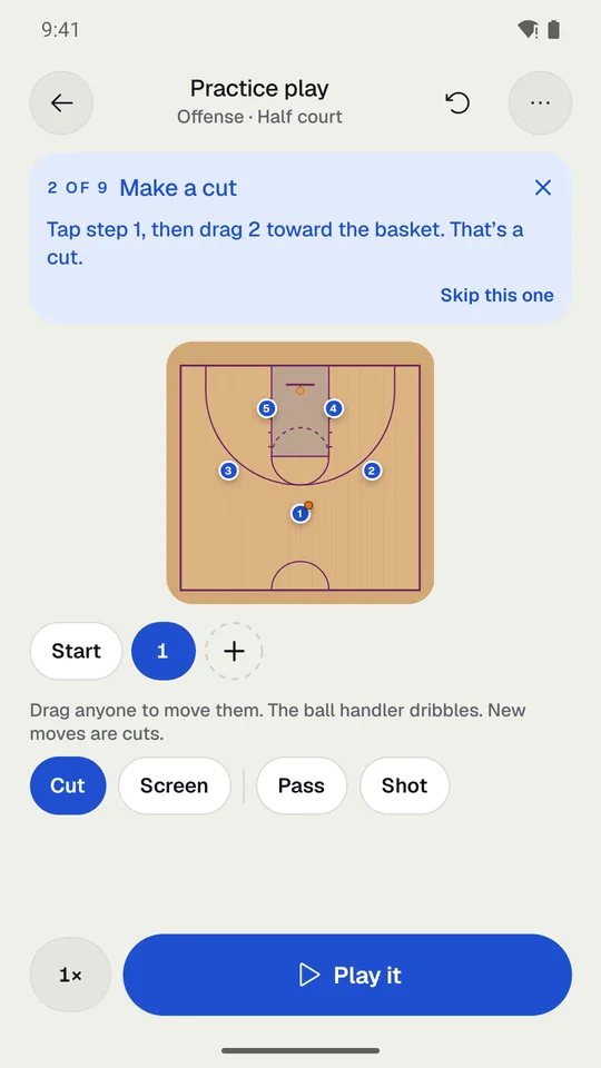 The builder with the tutorial card “Make a cut” above the court.