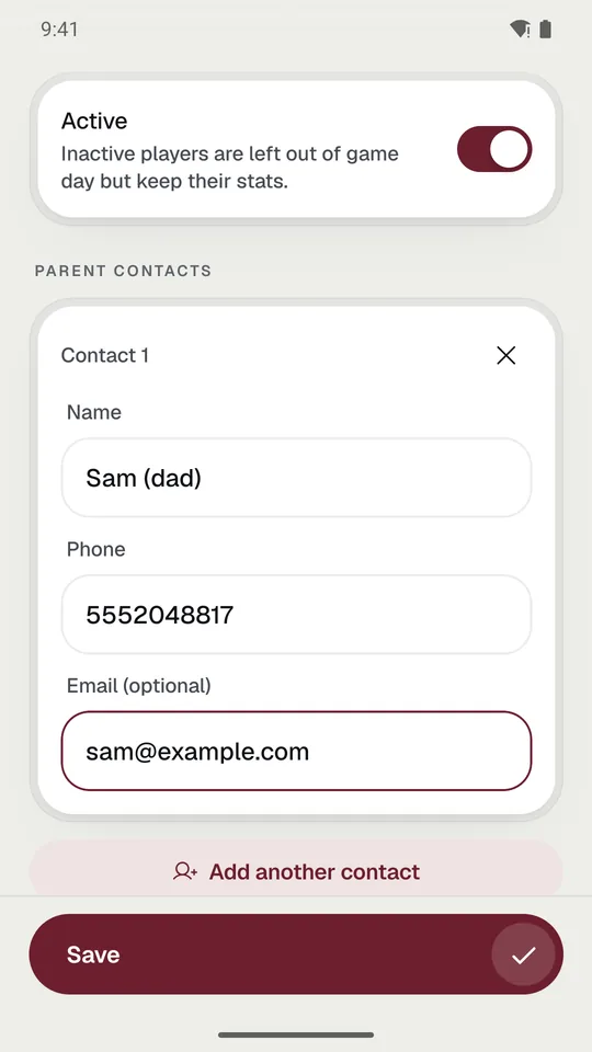 A player’s parent contacts: name, phone, and email.