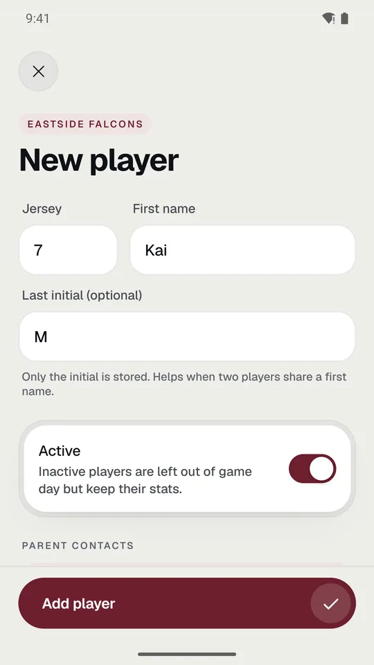 The New player screen with a jersey number and a first name.