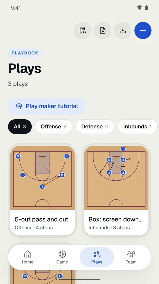 The Plays tab with three plays and the folder chips.