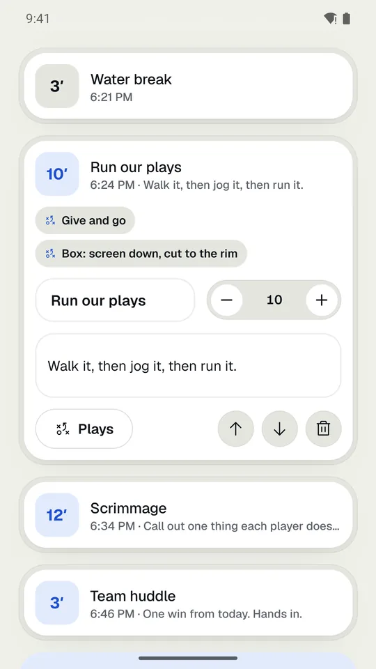 A practice plan with one drill open: its minutes, coaching points, and linked plays.