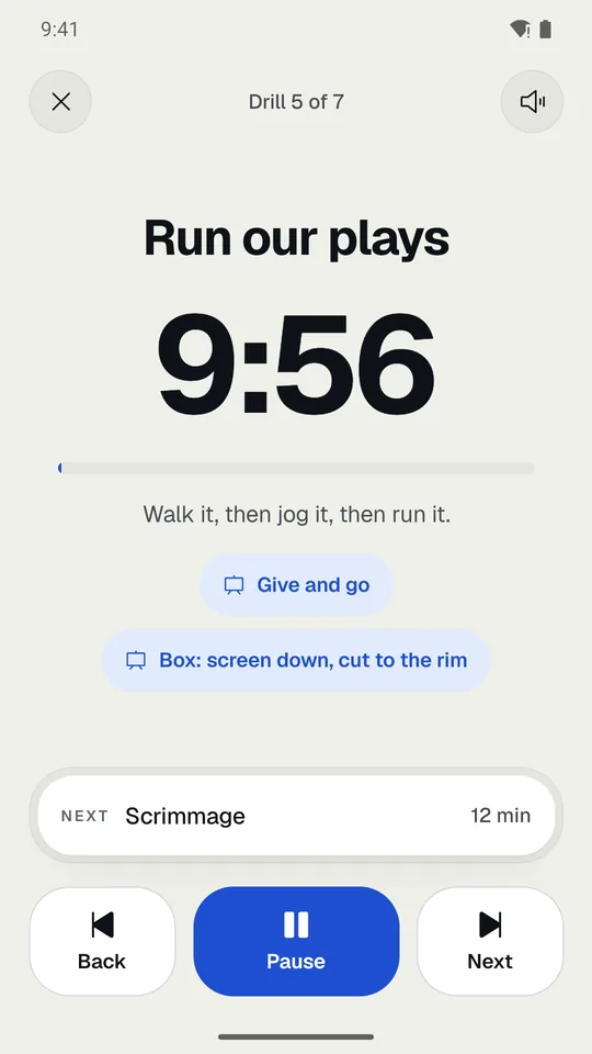 Run mode: the drill, a big countdown, the coaching points, and a linked play.