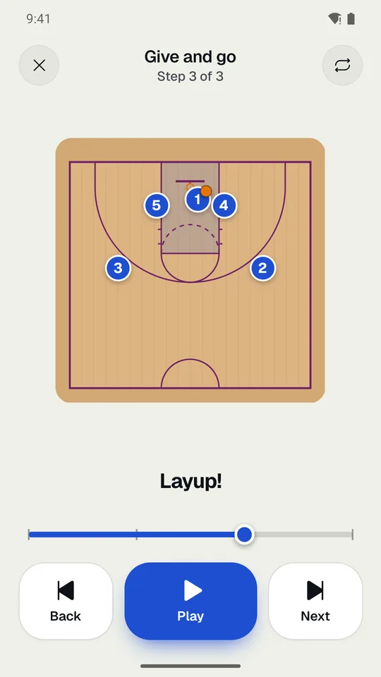 Present mode: a big court, the step note, and Back, Play, and Next.