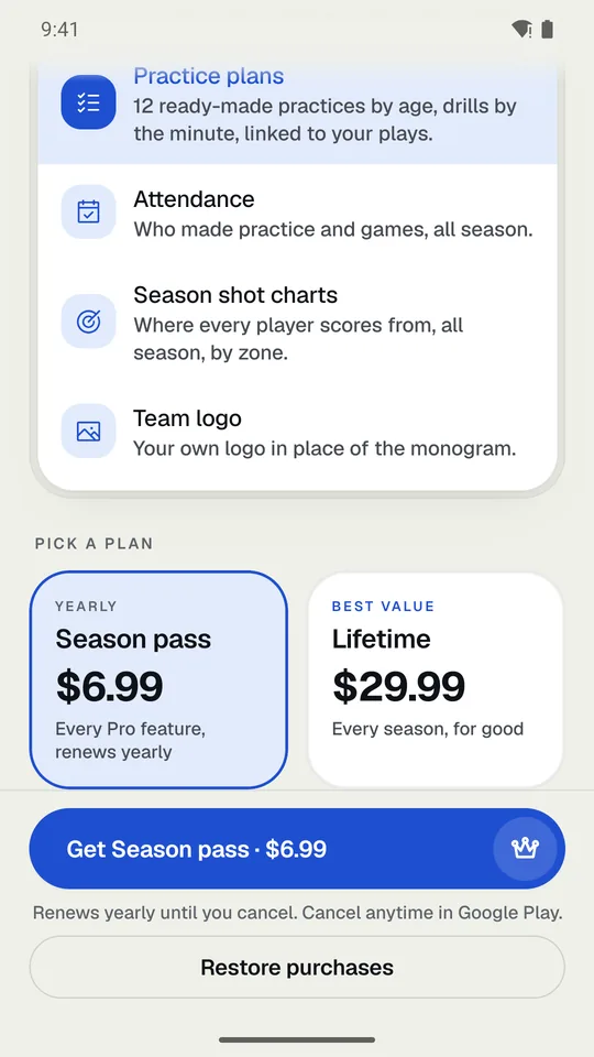 The Pro screen: what Pro adds, and the season pass and lifetime plans.