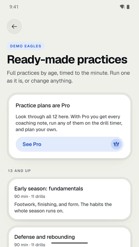 Ready-made practices, with the card a coach without Pro sees.