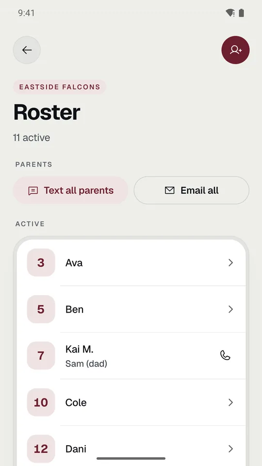The roster with Text all parents, Email all, and a call button on each row.