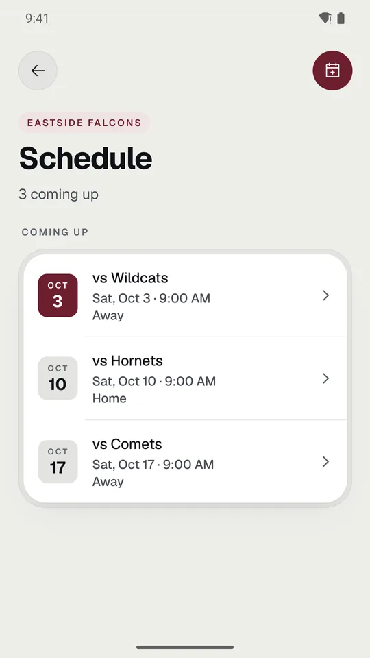 The schedule with the games coming up, soonest first.