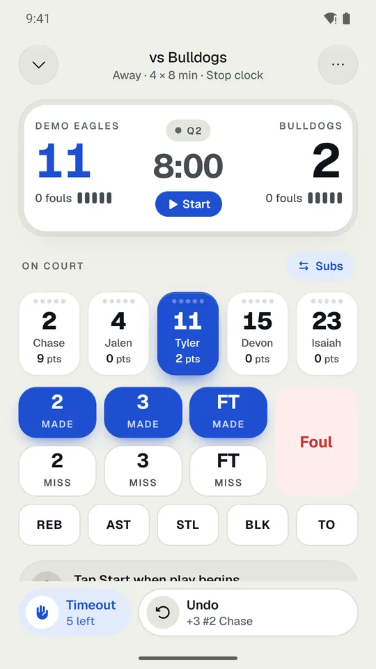 The scorekeeper’s pad: Made and Missed rows, Foul, and the full stats row.