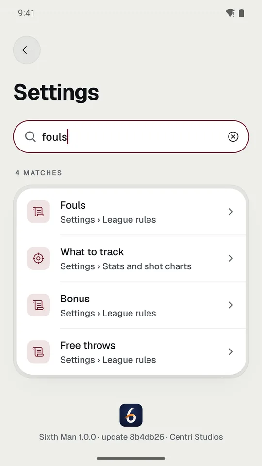 Settings search: typing “fouls” finds every foul rule.