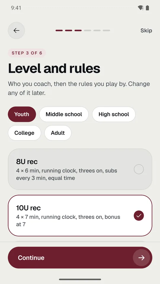 Team setup, step 3 of 6: the level and the rule templates.