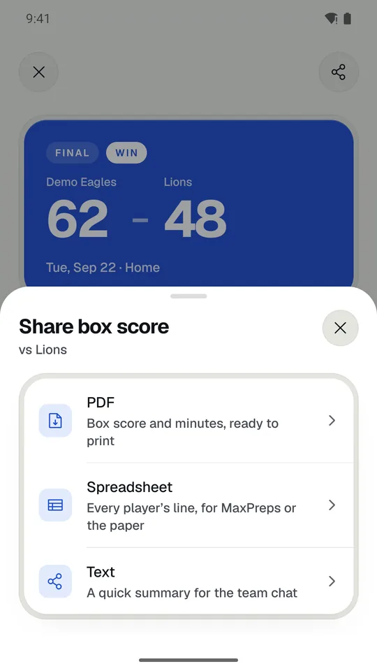 The Share box score sheet: PDF, Spreadsheet, or Text.