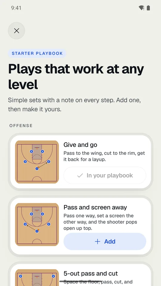 The starter playbook, with an Add button on each play.