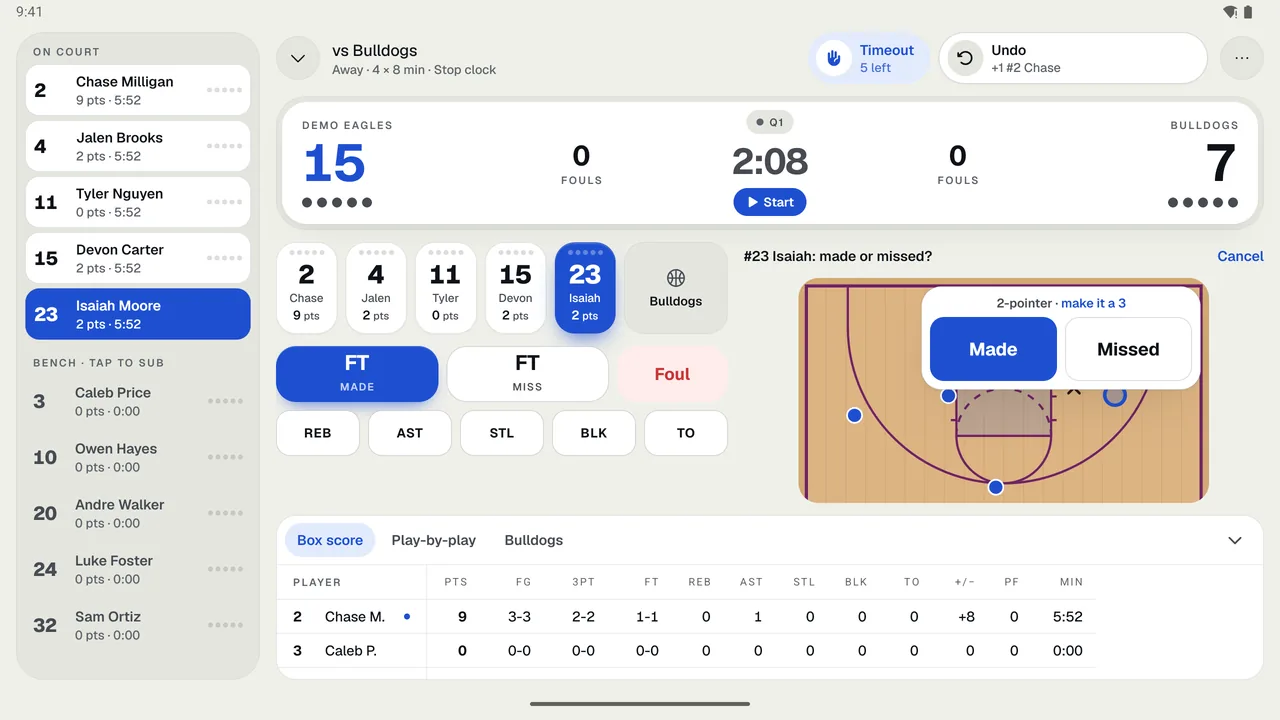 A tablet game: the roster down the left, the scoreboard, the pad, and the court.