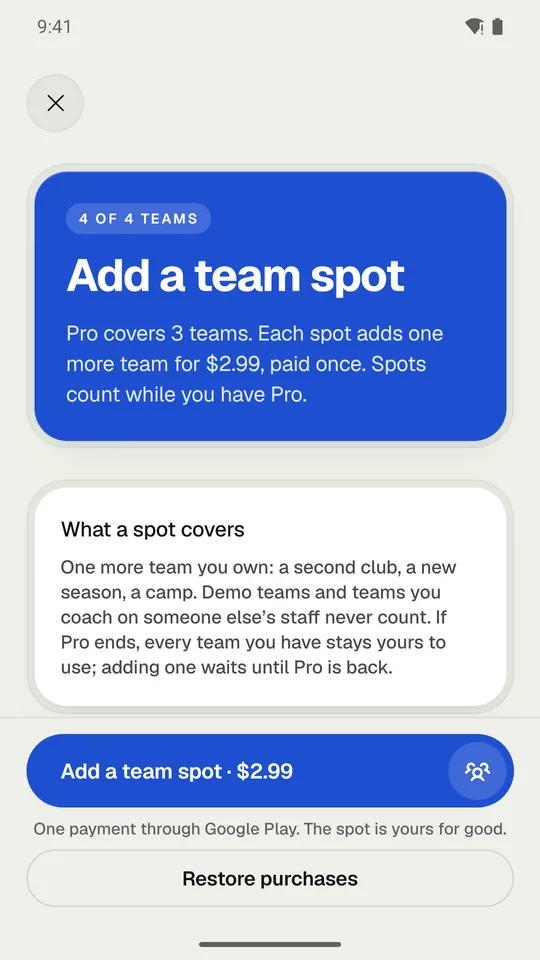 Add a team spot: one more team for $2.99, paid once.