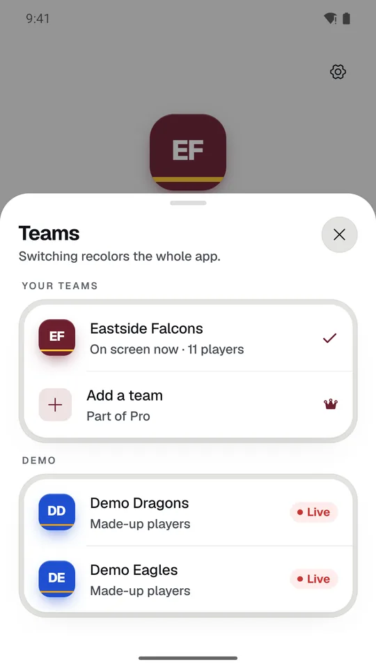 The Teams sheet: your team, Add a team, and the two demo teams.