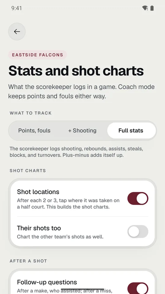 Stats and shot charts, with Full stats picked.
